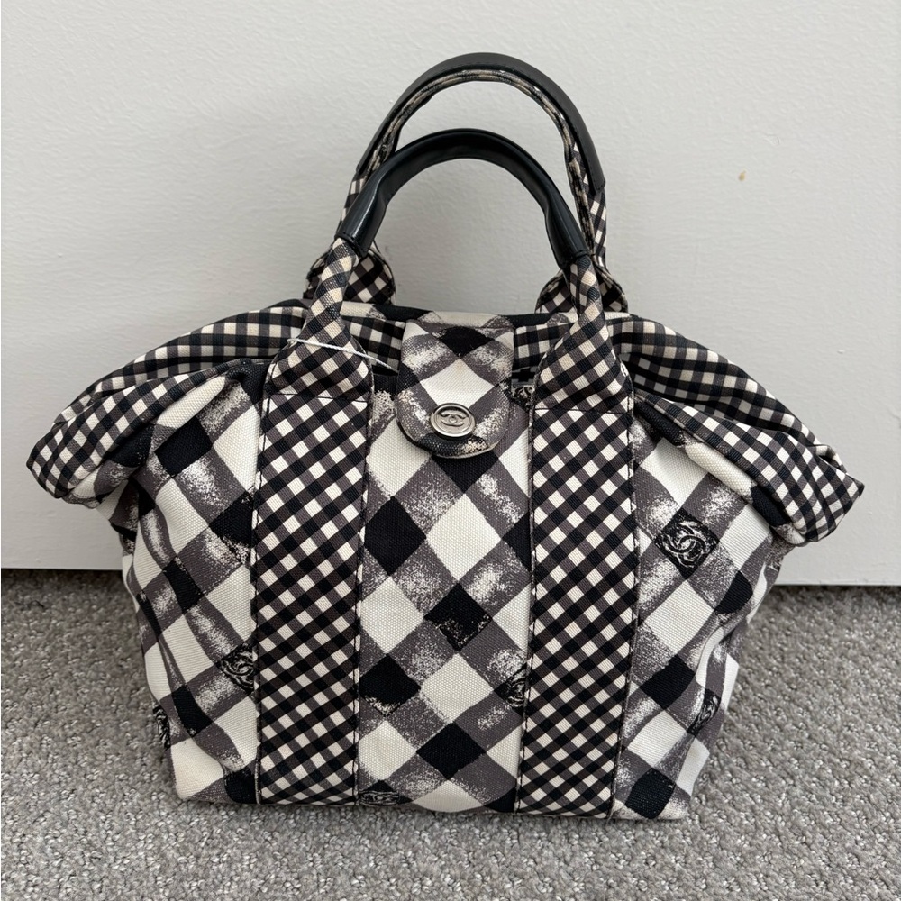 Authentic Chanel black white CC logo top handle bag